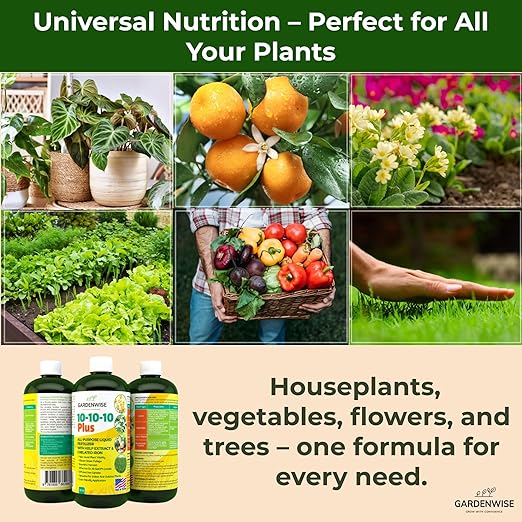 GARDENWISE 10-10-10 All Purpose Plant Food - Liquid Fertilizer with Seaweed Kelp & Iron - Indoor & Outdoor Plant Food, Vegetables, Flowers, Lawn & Garden 1x8oz