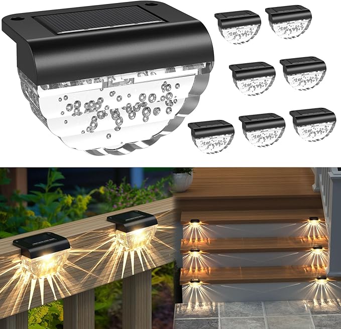 Melunar 8 Pack Solar Deck Lights Outdoor, Solar Step Lights Waterproof for Outside, Yard, Patio, Garden, Pool, Railing, Stairs, Fence (Warm White)