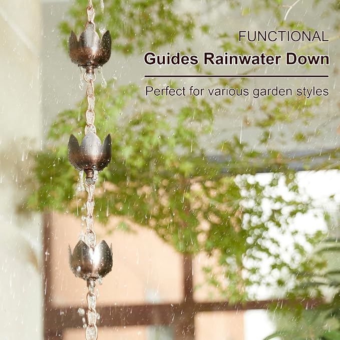 Glitzhome 8.5 FT Lotus Flower Rain Chains, Faux Copper Rain Chains for Gutters with 15 Cups, Adjustable Rain Catcher Chain with V-Shaped Gutter