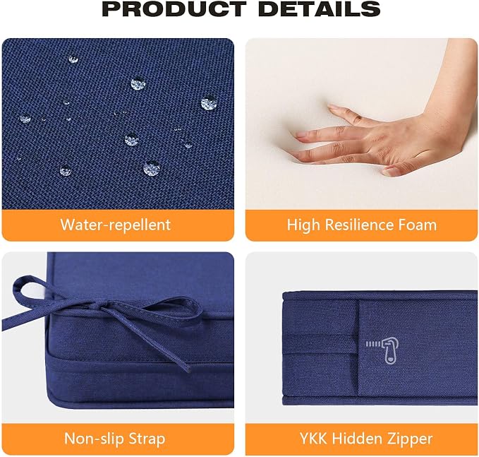 Unimatta Square Corner Seat Cushions, 18.5" x 16" x 3", Set of 4, Indoor Outdoor Water Repellent Universal Chair Pads with Ties for Patio Furniture, Garden Deck Dining Chairs, Navy