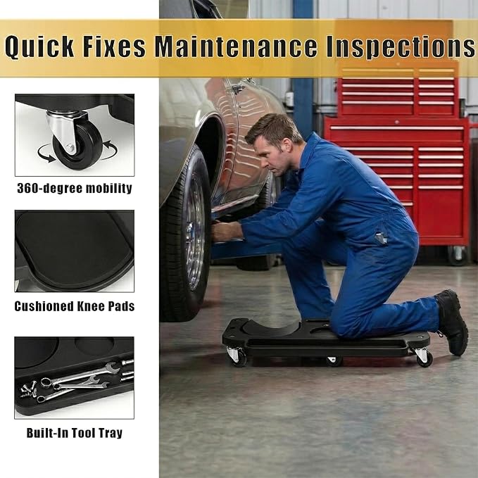 Rolling Knee Creeper with 5 Swivel Castors and Tool Tray Rolling Knee Pads for Home Workshop, Auto Shop, Garden, Flooring, Garage，Mechanics Creeper，Black