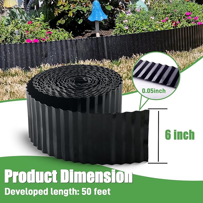 Quibbay Metal Corrugated Garden Edging, Landscape Edging for DIY Flower Beds, Flexible Bender Border for Lawn, Garden and Yard, Galvanized Garden Edging (Black, 6 Inch x 50FT)