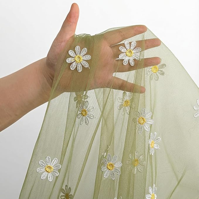 Horaldaily Sage Green Embroidery Daisy Spring Summer Gauze Tablecloth 60×120 Inch Rectangular, Seasonal Tulle Table Cover, Garden Party Decorations for Wedding, Party, Holiday Dining