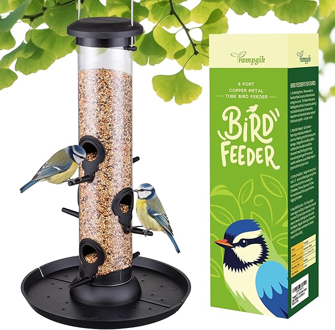 Bird Feeders for Outdoors Seed Catcher,6 Port Wild Bird Feeders with Tray,Bird Feeders for Outside Hanging for Cardinal 13 Inch,Black,Pack of 1