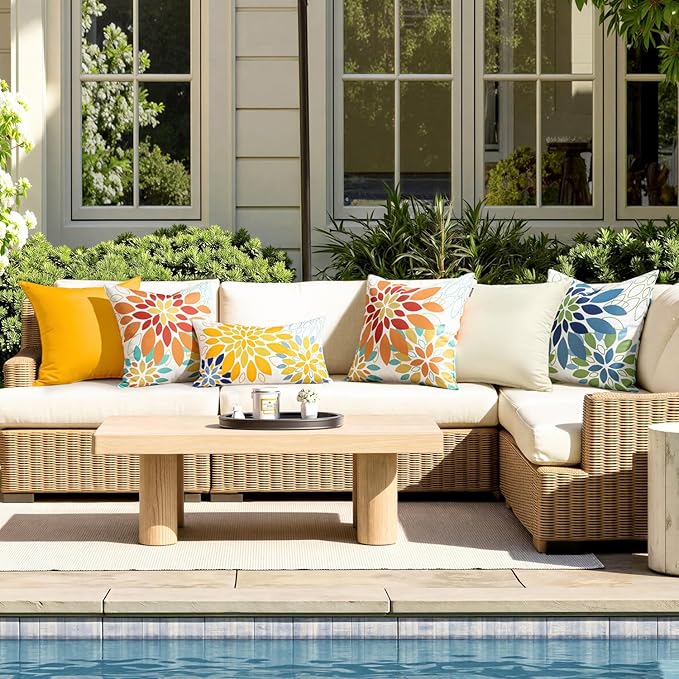 Floral Outdoor Pillow Covers Waterproof Spring Throw Pillow Cases Yellow Blue 12x20 Inch Set of 2 Decorative Summer Cushion Covers for Patio Furniture Garden Bench Porch Sofa