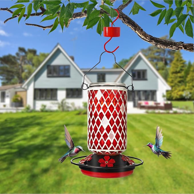 Glass Hummingbird Feeder, Red Hummingbird Feeders for Outdoors Hanging, 19 Ounces, Mosaic Bottle Easy to Clean, 5 Feeding Ports, Ant Moat Included