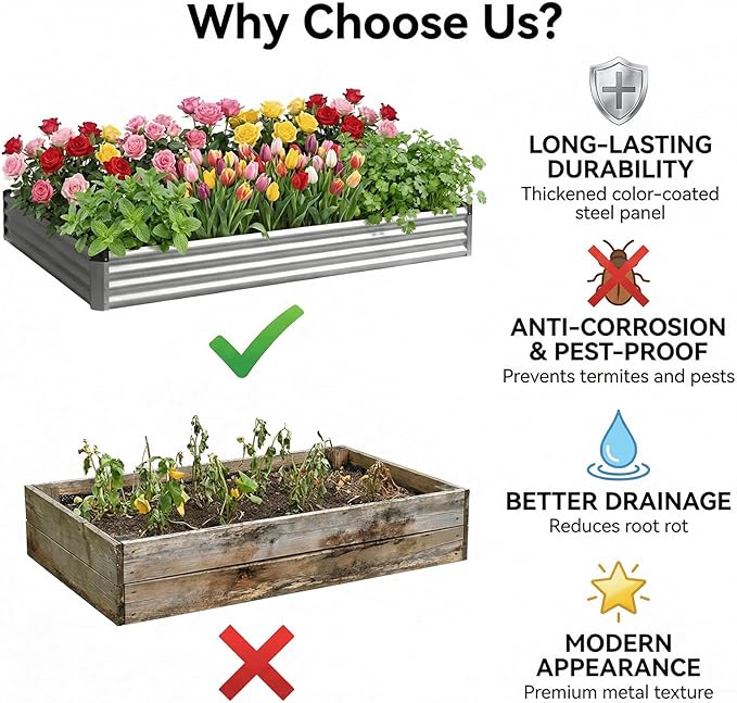 2PCS 6x3x1 FT Rectangle Metal Raised Garden Bed Kit, Elevated Garden Planter Box Outdoor, Large Planters for Outdoor Plants, Flower, Vegetables, Fruit, Herbs (Silver)
