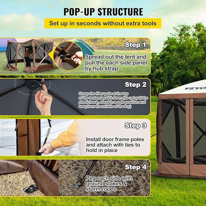 VEVOR 12 * 12ft 6 Sided Pop-up Canopy Shelter Tent with Mesh Windows, Portable Carry Bag, Stakes, Large Shade Tents for Outdoor Camping, Lawn and Backyard, Brown/Beige