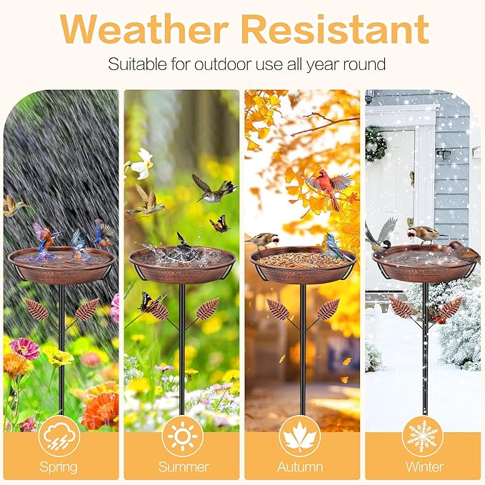 Metal Bird Bath for Outside, Freestanding Bird Baths with Removable Bowl, Birdbath & Bird Feeder with Upgraded Stable Stake for Garden Patio Yard Lawn (Vintage Brown, Leaf)
