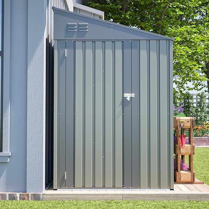 YOPTO 4×7 FT Outdoor Metal Storage Shed,Heavy-Duty Lean to Storage Shed with Lockable Door and Reinforced Beams,All Weather Waterproof Storage House W/2 Air Vents,for Backyard,Patio,Lawn,Gray