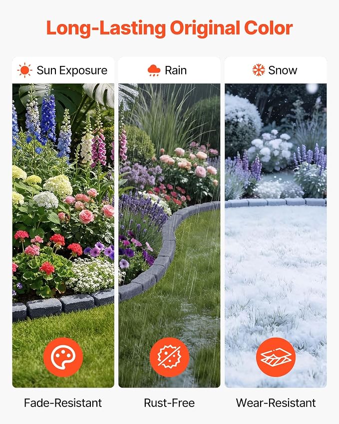 VEVOR Faux Stone Landscape Edging, 15.5 ft Kit, No Dig Garden Edging Border, Blocks for Lawn, Flower Beds, Yards, 4 Pack Each Section Has 6 Bricks 46.46"L x 3.74"W x 2.24"H, 12 Spikes & End Cap, Gray