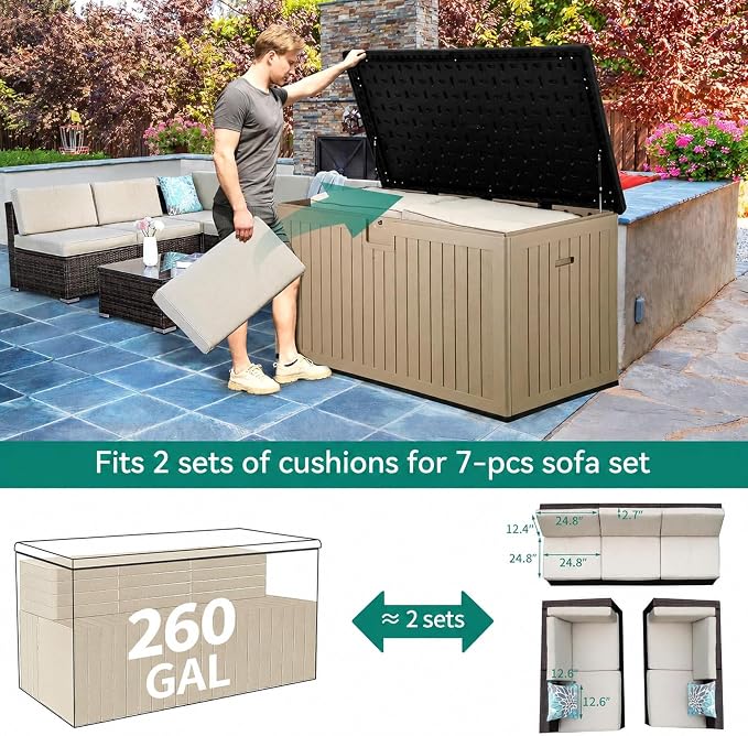 YITAHOME XXL 260 Gallon Large Deck Box,Outdoor Storage for Patio Furniture Cushions,Garden Tools and Pool Equipment with Flexible Divider,Waterproof,Lockable (Black&Brown)