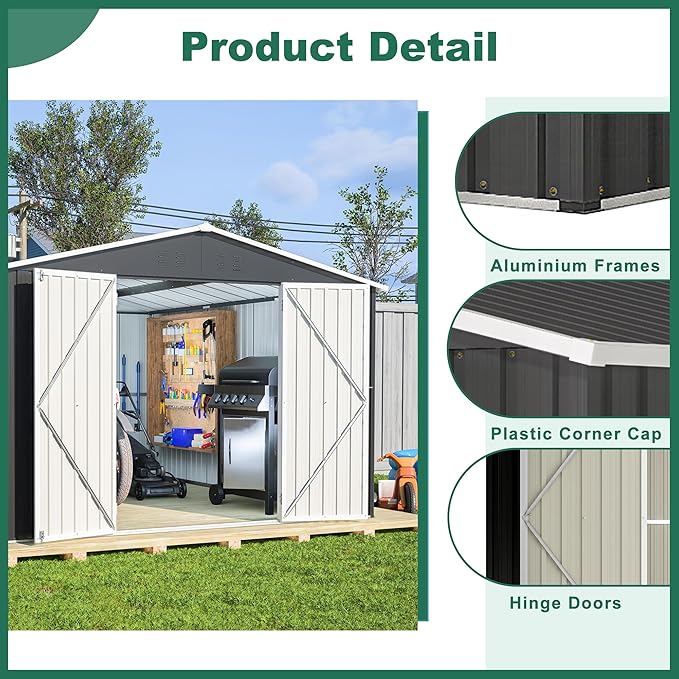KEIKI Storage Shed 10x12 FT, Large Metal Tool Shed for Outdoor Storage, Galvanized Steel Garden Shed with Lockable Doors for Patio, Backyard, Lawn, Black