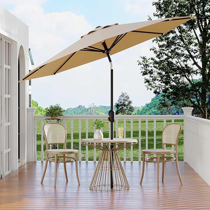 Garvee 9FT Patio Umbrella - Outdoor Table Umbrella with Crank Lift & Push Button Tilt - Market Umbrella 8 Sturdy Ribs UV Protection for Pool, Deck, Yard, Garden, Tan