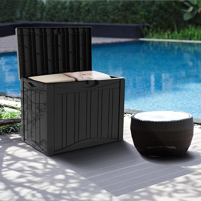 Outdoor Storage Deck Box Waterproof,45 Gallon Lockable Patio Package Delivery Bin as Seat, Resin Storage Container Bench for Furniture Cushions, Pool Accessories, Garden Tools, Black