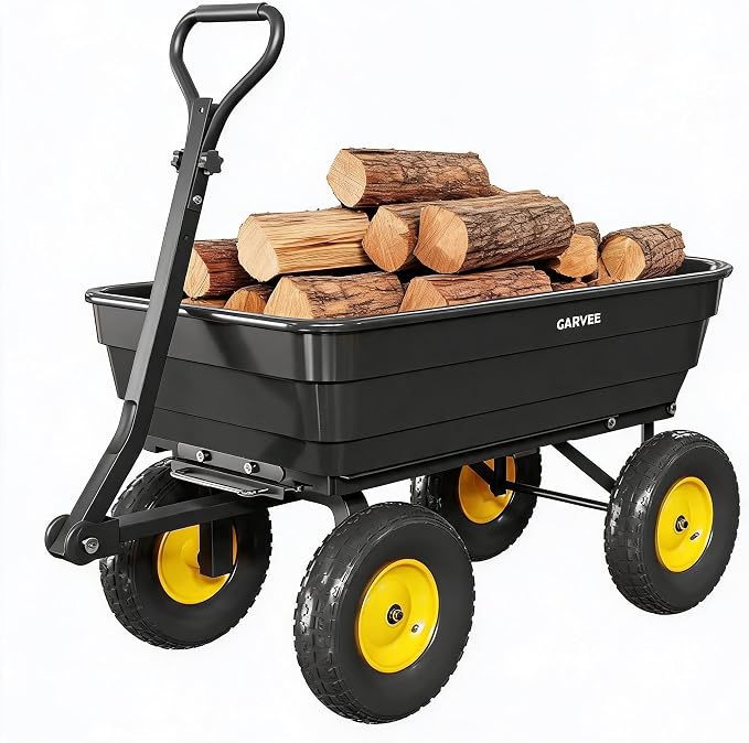 Garvee Poly Garden Dump Cart, Heavy Duty 1200lbs Wheelbarrow Yard Cart Dump Wagon with 13" All Terrain Wheels, Garden Utility Wagon with Quick Release System& Convertible Handle Attach to ATV (Black)