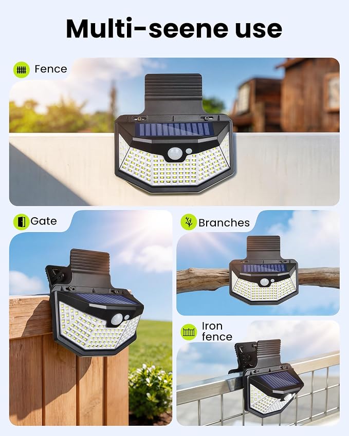 Clip on Solar Lights Outdoor with Motion Sensor, 800LM & 270° Wide Angle Solar Fence Lights Outdoor Waterproof with 115 LEDs, 3 Modes & Portable Security Lights for Chain Link Patio Deck Yard (4Pack)