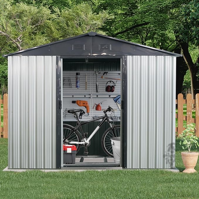 8x4 FT Outdoor Metal Storage Shed with Window, Galvanized Steel Garden Shed, Lockable Sliding Door, Sloped Roof, Ventilated Tool Storage House with Foundation Kit for Backyard Lawn, White+Black
