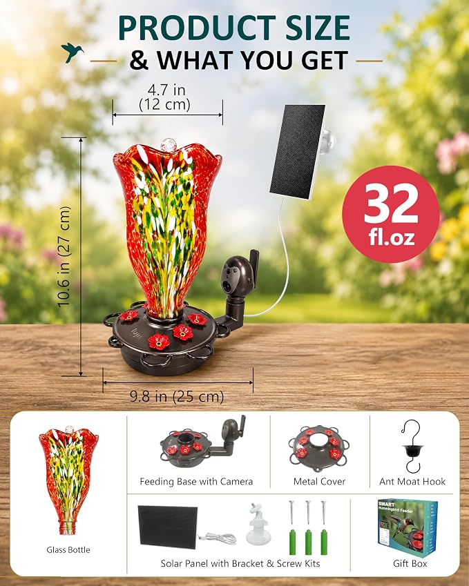 LUJII Smart Hummingbird Feeder with Camera, Hand Blown Glass for Outdoor Hanging, Solar WiFi Feeder with Live View App, 6 Feeding Ports, Leak-Resistant Design, Ant Moat & Gift Box, 32 fl oz, Red