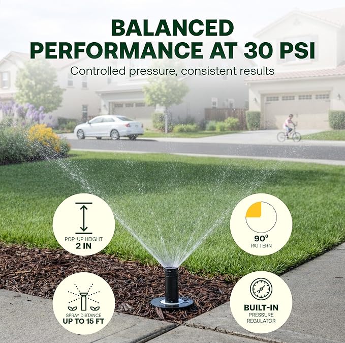 Rain Bird 1802QDSPRS Pressure Regulated 1800 Series Dual Spray 2 Inch Pop Up Sprinkler Head, 4 Pack -Water Efficient Lawn Sprinkler with 90 Degree Quarter Pattern, 1/2 Inch NPT, 15 Ft Spray Distance
