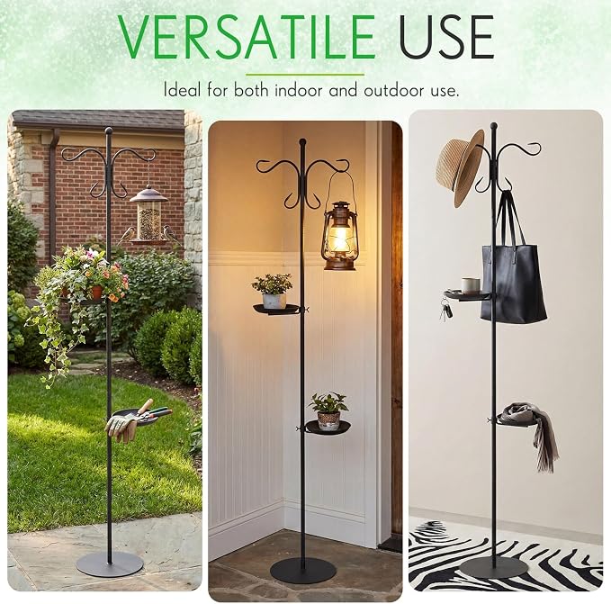 1 Set Upgraded 75.9" Shepherds Hook for Bird Feeder, Hanging Plant Wind Chime Stand, Metal Adjustable Standing Pole Holder for Indoor Outdoor, with 2 Rack & Weight Bag (2 Hooks)