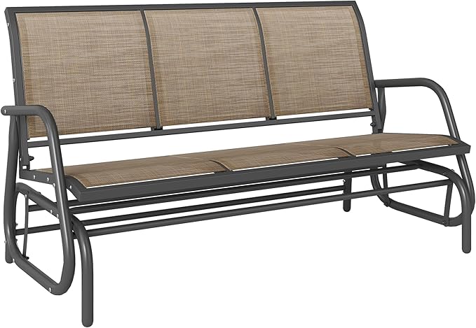 Outsunny 3-Person Patio Glider Bench, Outdoor Porch Glider Swing with 3 Seats, Breathable Mesh Fabric, Metal Frame, Light Mixed Brown