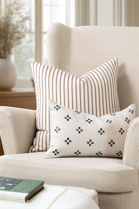 Crumbs Home Modern Farmhouse California Casual Indoor Outdoor Throw Pillow Cover, 22"x22" Water Repellent for Patio, Backyard, Couch, Poolside, Cocoa Brown Print Wave Stripes