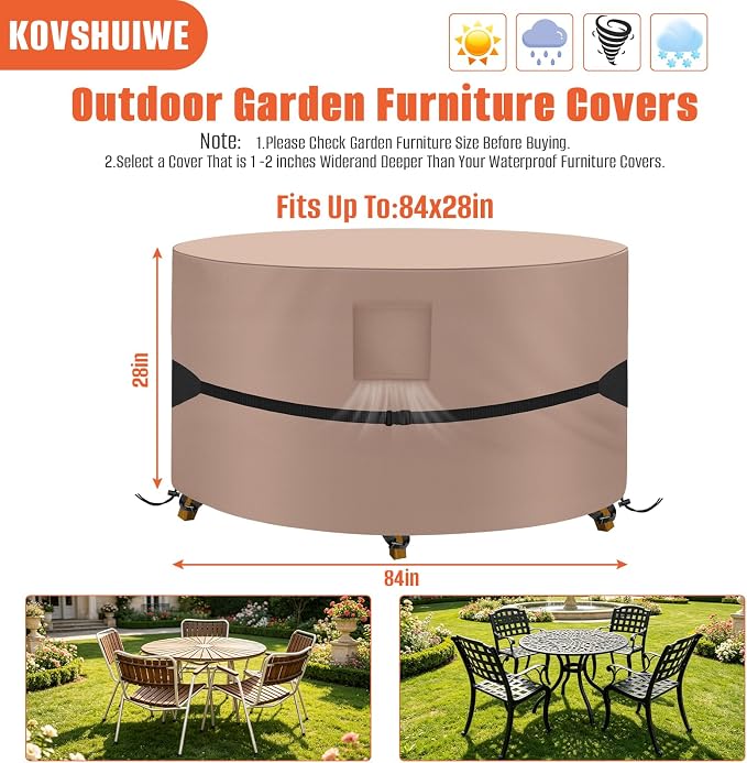 Kovshuiwe Round Patio Table Cover 84" DIAx28 H, 600D Waterproof, Khaki | 600D Tear Resistant for Outdoor Dining Table and Chairs 84 inch