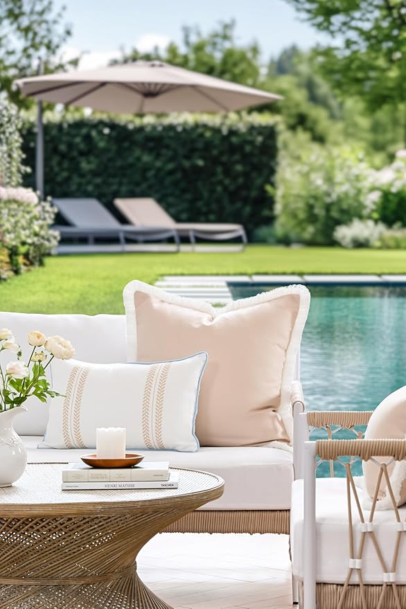 Hofdeco Premium Coastal Hampton Patio Indoor Outdoor Lumbar Pillow Cover Only, 12"x20" Water Repellent for Backyard, Couch, Poolside, Neutral Tan Blue Print Leaf Striped