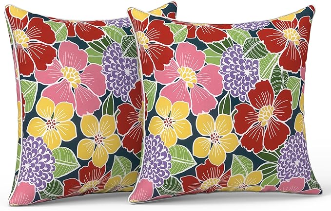 LVTXIII Outdoor Throw Pillows 18x18 Patio Waterproof Square Pillows with Piping Fade Resistant Accent Pillow for Spring Summer Garden Decoration, Set of 2, Flower Bloom