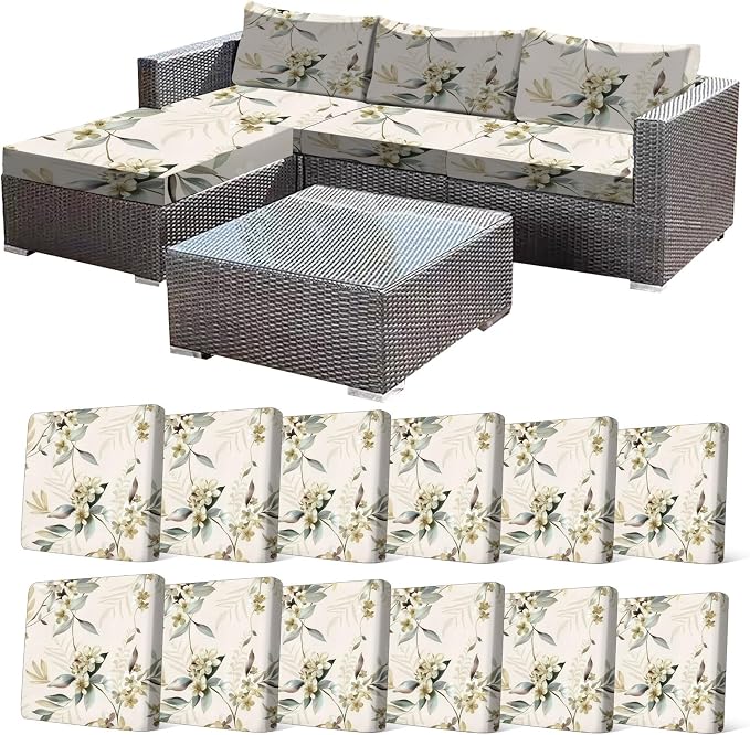 CALBODE 12 Pcs Stretch Outdoor Seat Cushion Covers, Washable Chair Seat Cover for Patio Furniture Cushions Soft Indoor and Outdoor Couch Cover Replacement (Beige Botanical, Cover Only)