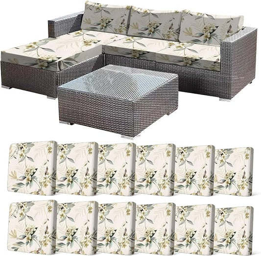 CALBODE 12 Pcs Stretch Outdoor Seat Cushion Covers, Washable Chair Seat Cover for Patio Furniture Cushions Soft Indoor and Outdoor Couch Cover Replacement (Beige Botanical, Cover Only)