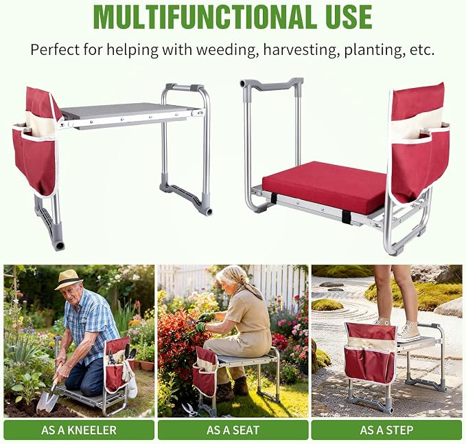 Garden Kneeler and Seat, 2 in 1 Foldable Garden Stool, Portable Gardening Seat with Thick Soft Pad & Tool Bag, Supports Up to 400lbs