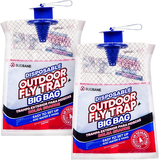 Fly Traps Outdoor Fly Trap for Patio. 2 Large Non-Toxic Pre-Baited Flies Bags Outdoor Disposable. Big Hanging Bug Catchers for All Filth Flies Killer for Outside Bug Control in Yard Horse Ranch.
