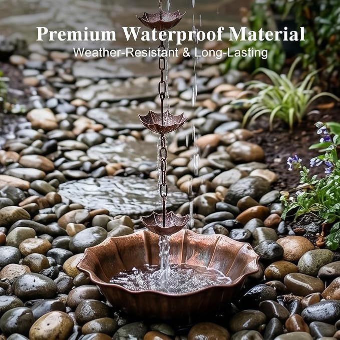 Topadorn Antique Umbrella & Lotus Rain Chain, 71.5" Metal Water Diverter with 8 Cups, Decorative Gutter Downspout Replacement