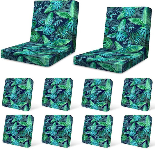 pickyNproud 12Pcs Patio Cushion Covers Stretch Outdoor Couch Cushions Slipcovers Replacement Washable Furniture Protector with Elastic Bottom Sofa Chair Seat Cover, Palm Leaves