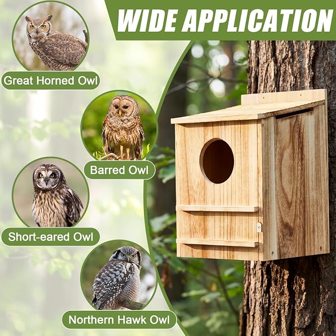 Novabright 2 Pcs Large Great Horned Owl House, 16" x 12" x 11" carbonized Weatherproof Wooden Nesting House for Screech Owls, Boreal, Northern Pygmy, Saw-whets, Elf, Flammulated and Others