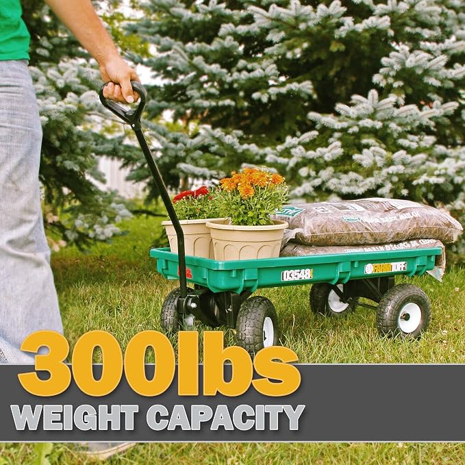 FARM-TUFF Durable Plastic Deck Green Garden Wagon, 38" x 20" - Heavy-Duty Poly Utility Cart with Pneumatic Tires, 300lb Capacity & D-Handle Steering for Gardening, Yard Work & Landscaping