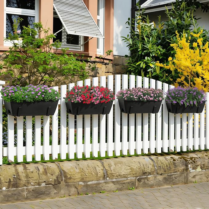 6 Pack Deck Railing Planter Boxes Black Window Boxes Planter Boxes with Adjustable Brackets, Outdoor Garden Fence Planters with Drainage Holes for Flowers, Herbs, Strawberry