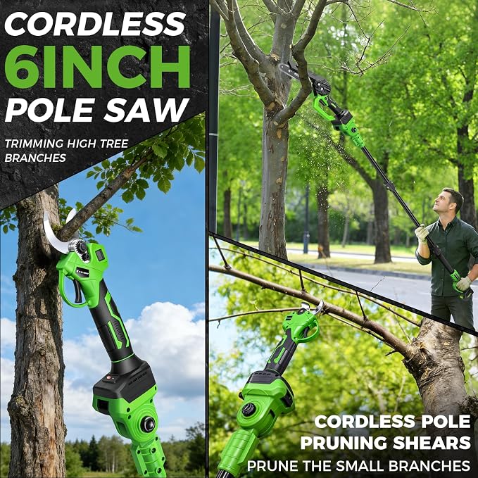 4-in-1 Electric Pole Saw & Pruning Shears, 6 Inch Pole Saws for Tree Trimming, Cordless Pruning Shears with Lightweight 15ft Extension Pole, 2 * 4.0Ah Battery Powered Pole Saw Pole Pruner for Garden