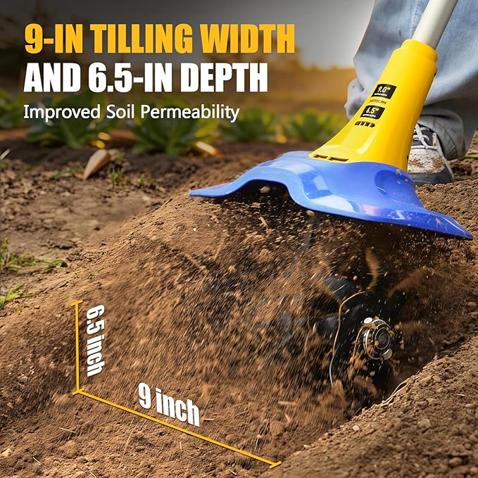 Electric Tiller for Gardening Compatible with Dewalt 20V Battery(Tool Only),330RPM Garden Tiller with 48 Steel Tines,9'' Tilling Width & 6.5'' Depth Rototillers for Lawn/Soil Cultivation