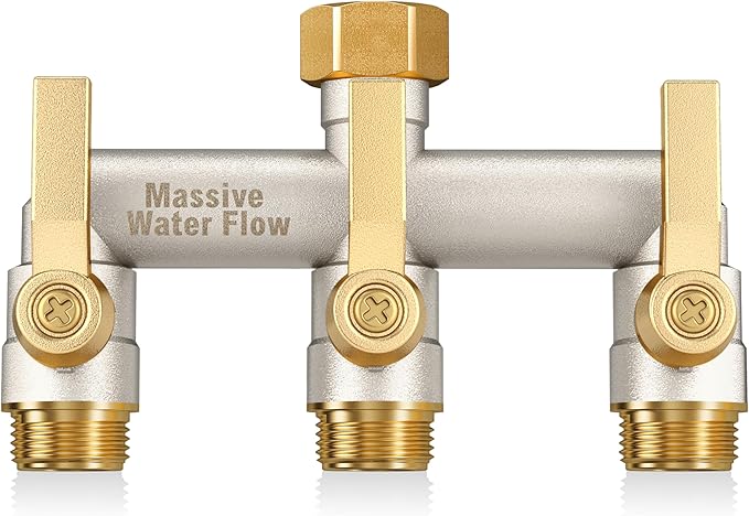 Garden Hose Splitter, 3 Way Hose Splitter Heavy Duty Full Flow Solid Brass Nickel Plated Spigot Splitter Valve with Metal Handle, Outdoor Faucet Splitter, 3/4 - Inch Frost Resistant Hose Adapter