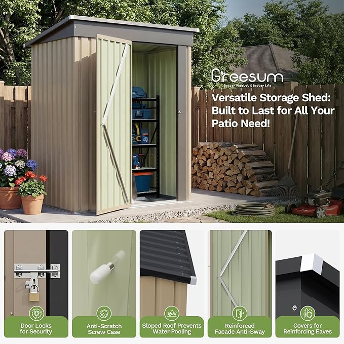 Greesum 5x3FT Outdoor Storage Shed with Base, Utility Tool Shed with Sloping Roof, Metal Storaged Garden Shed with Door & Lock for Patio Storage, Brown