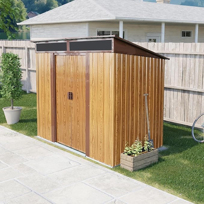 6FT x 5FT Outdoor Storage Shed, Heavy Duty Galvanized Steel Garden Shed with Sloped Roof, Sliding Lockable Doors, Punched Vents & Foundation Kit, Weather Resistant Tool Shed for Backyard, Coffee