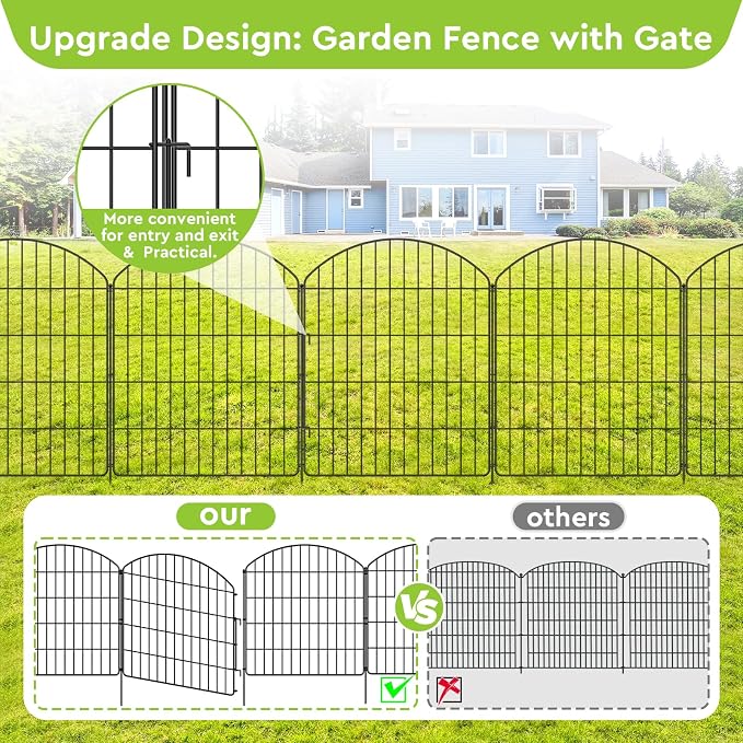 Decorative Garden Fence 5 Panels + 1 Gate, 29.9in (H) x 11.4ft (L), Rustproof Metal No Dig Fence Animal Barrier for Dog, Flower Edging for Yard & Patio Outdoor Landscape, Arched