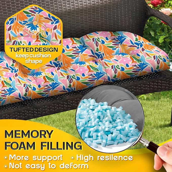 MAGIC ELEPHANT Outdoor Bench Cushion, Memory Foam Loveseat Cushion for Patio Furniture Wicker Chair, Settee Porch Swing Seat Cushion, 44 x 19 Inches (Multicolor Leaves)