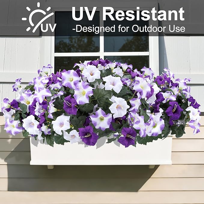 Geegoods Artificial Flowers Plants for Outdoors, 8 Bundles UV Resistant Fake Faux Petunias for Outdoor Planters Patio Front Porch Balcony Garden Decor