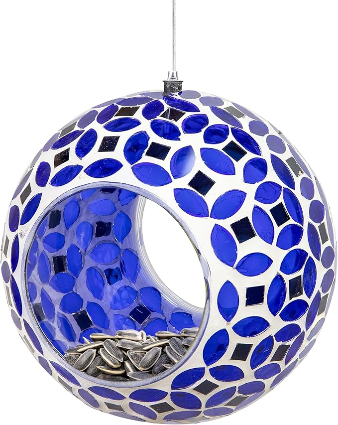 Sunnydaze 6-Inch Glass Mosaic Hanging Bird Feeder for Outdoors - Fly-Through Glass Bird Feeder for Cardinals, Jays, Finches and More - Lavender Mosaic