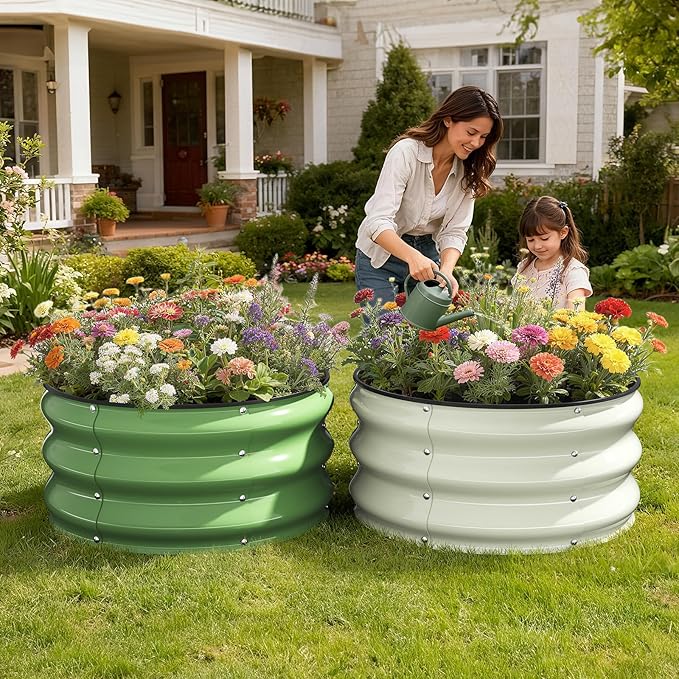 Pattiumo Galvanized Raised Garden Bed 2pcs 2×2×1 FT, Round Metal Raised Garden Bed Outdoor Planter Box with Open Bottom, Rust-Resistant Steel Garden Bed for Vegetables Herbs Flowers, Easy Assembly