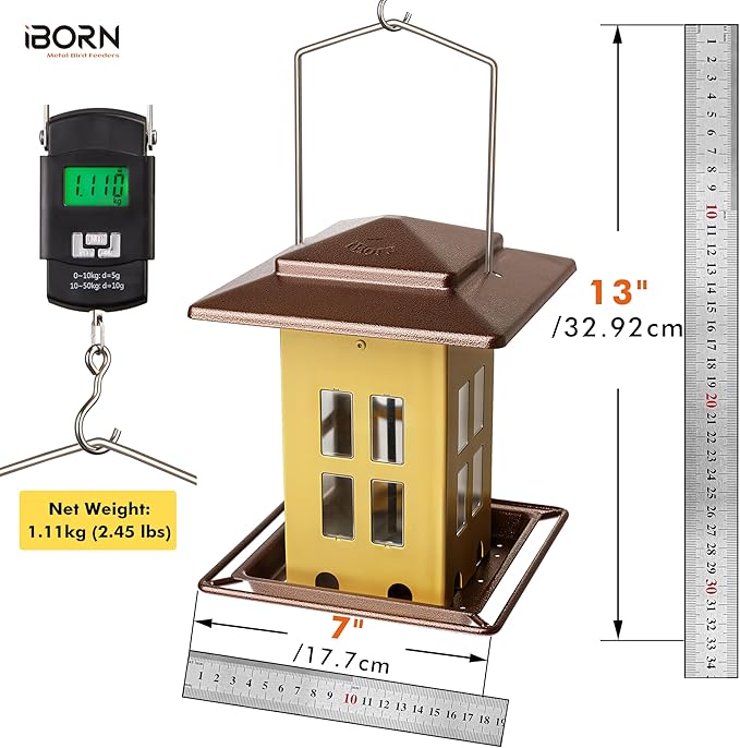 iBorn Bird Feeders for Outdoors, Metal Bird Feeder, Wild Bird Feeders for Cardinal, 2.4LBS Capacity,18cm Large Roof, Lantern Style, Black (Muted Yellow)
